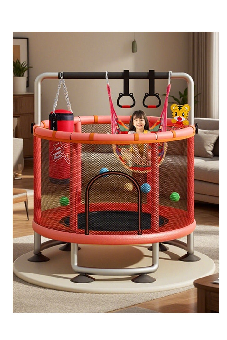 Kids Indoor & Outdoor Trampoline with 360° Safety Net, Sturdy U-Shaped Base & Premium Bounce Mat, Includes Ocean Balls & Basketball Set 140x140x160cm  - Image 1