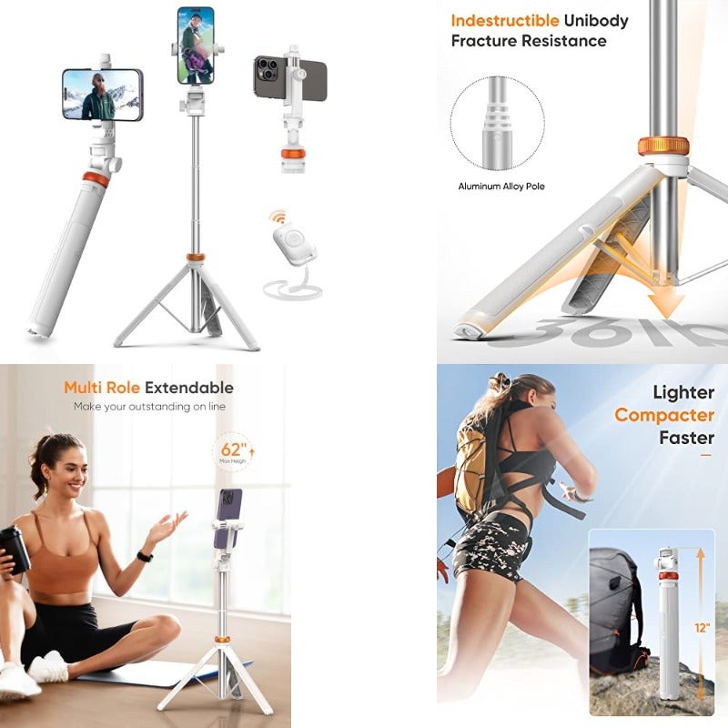EUCOS 62 Phone Tripod Tripod for iPhone Selfie Stick with Remote Extendable Cell Phone Stand Ultimate Phone Holder Solidest Phone Stand Compatible with iPhone Android Mineral White - Image 1