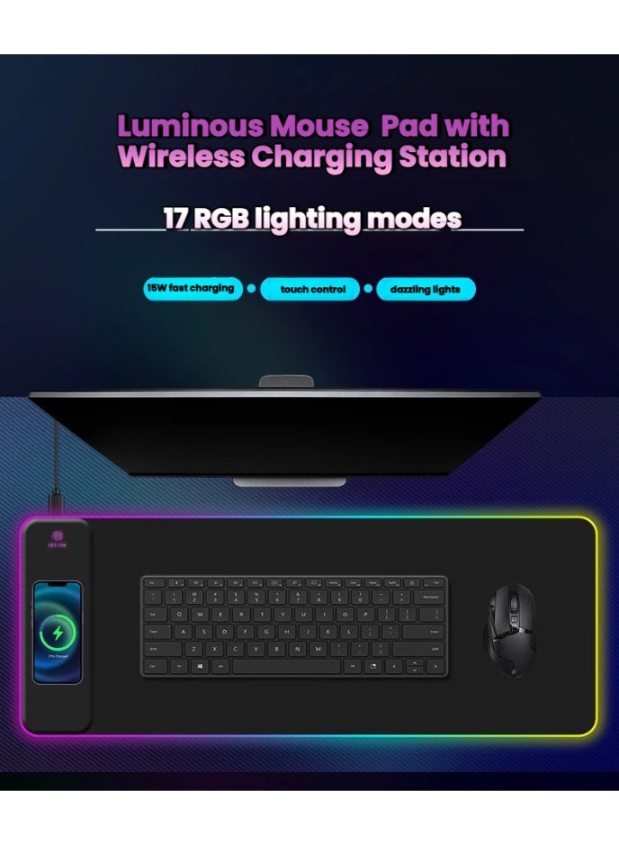 RGB Wireless Charging Gaming Mouse Pad, Large Mouse Pad with RGB Colours Light, Wireless Charging Large RGB Mouse Pad, Anti-slip Smooth Surface Large RGB Game Mouse Pad  - Image 1