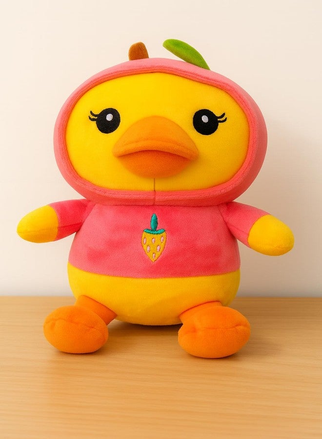 SARO 30cm Soft Yellow Duck Plush Toy with Pink Hoodie – Cute Stuffed Animal with Strawberry Design for Kids (SARODUCK_Pink_30cm) - Image 1