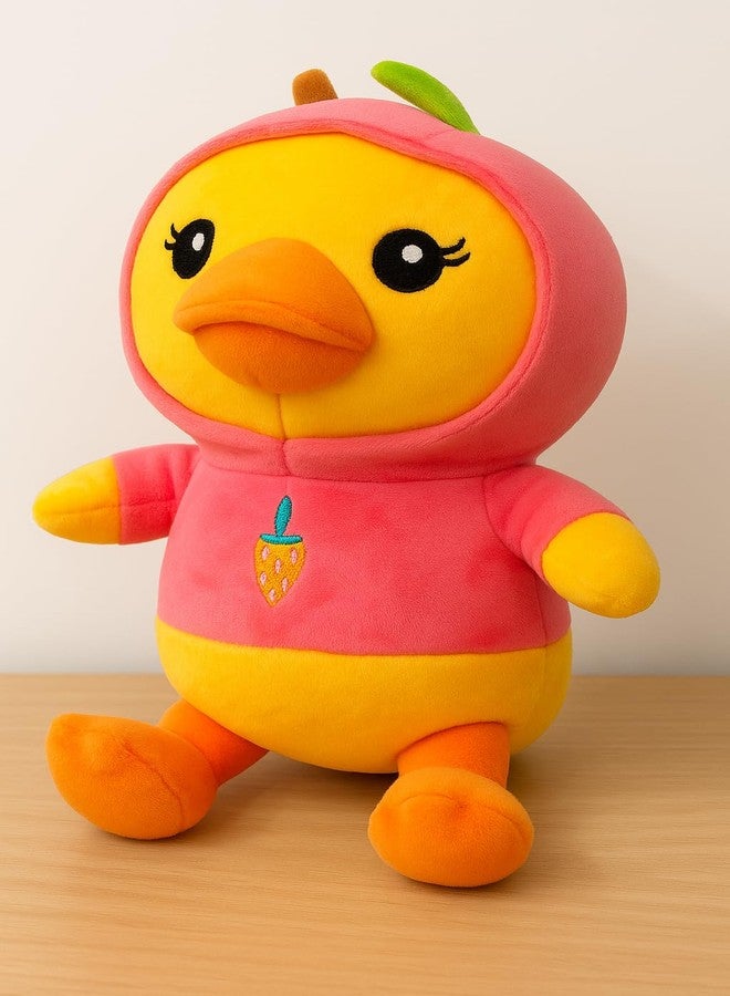 SARO 30cm Soft Yellow Duck Plush Toy with Pink Hoodie – Cute Stuffed Animal with Strawberry Design for Kids (SARODUCK_Pink_30cm) - Image 4