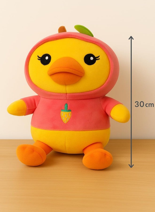 SARO 30cm Soft Yellow Duck Plush Toy with Pink Hoodie – Cute Stuffed Animal with Strawberry Design for Kids (SARODUCK_Pink_30cm) - Image 5