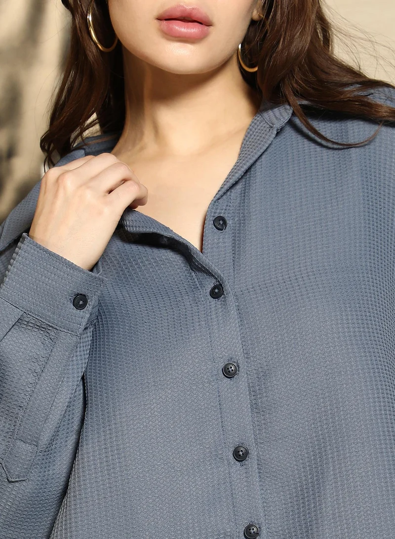 PINACOLADA Women's Moon Grey Micro-Rhombus Jacquard Shirt | Spread Collar , Long Cuffed Sleeves , Button Closure | Solid Jacquard Material | Cotton-Blend Shirt For Casual Wear