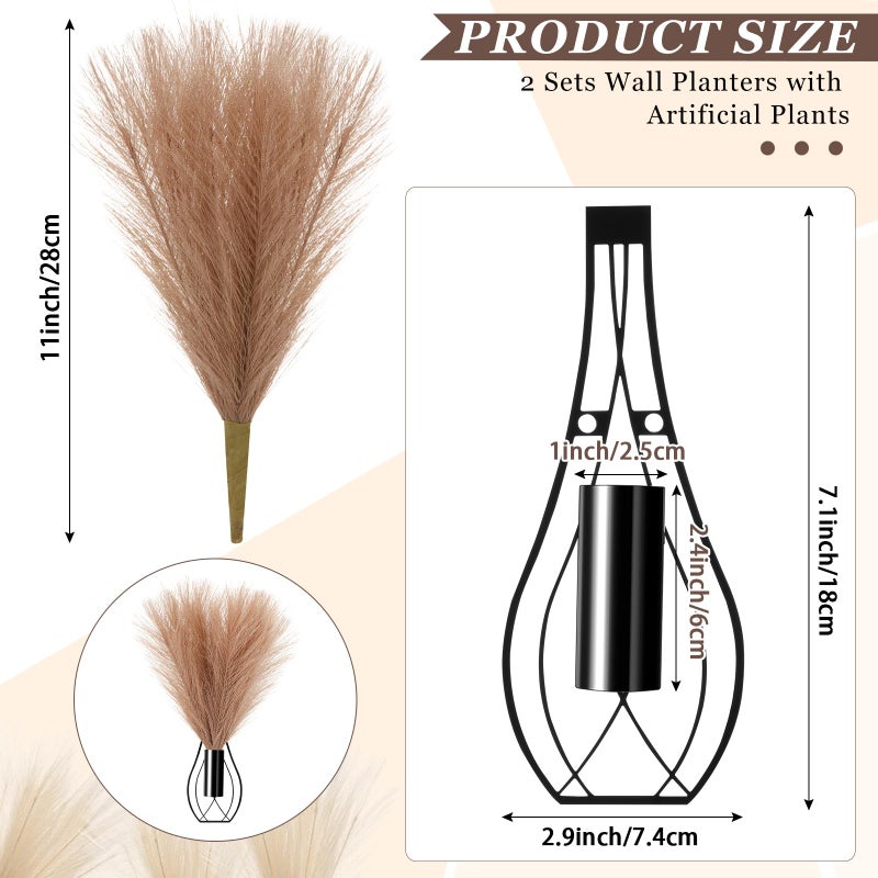 Otoolling 2 Pieces Hanging Plant Wall Decor with Artificial Pampas Grass Metal Hanging Vase Modern Geometric Farmhouse Bohemian Wall Art for Living Room Bedroom Kitchen Office (Black, Light Brown) - Image 2