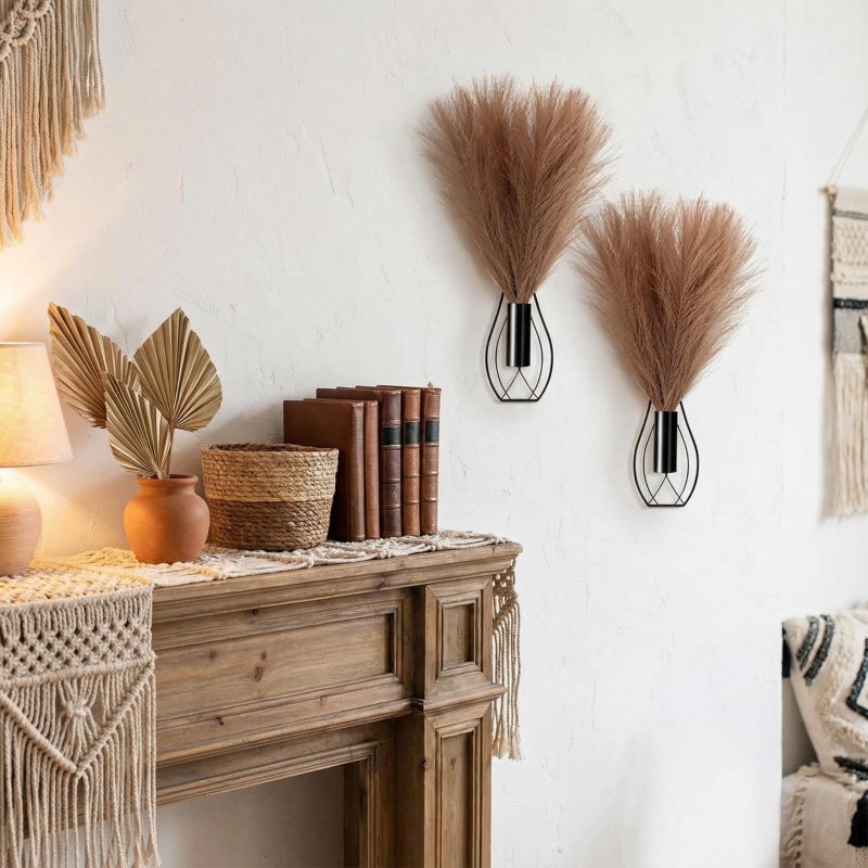 Otoolling 2 Pieces Hanging Plant Wall Decor with Artificial Pampas Grass Metal Hanging Vase Modern Geometric Farmhouse Bohemian Wall Art for Living Room Bedroom Kitchen Office (Black, Light Brown) - Image 4