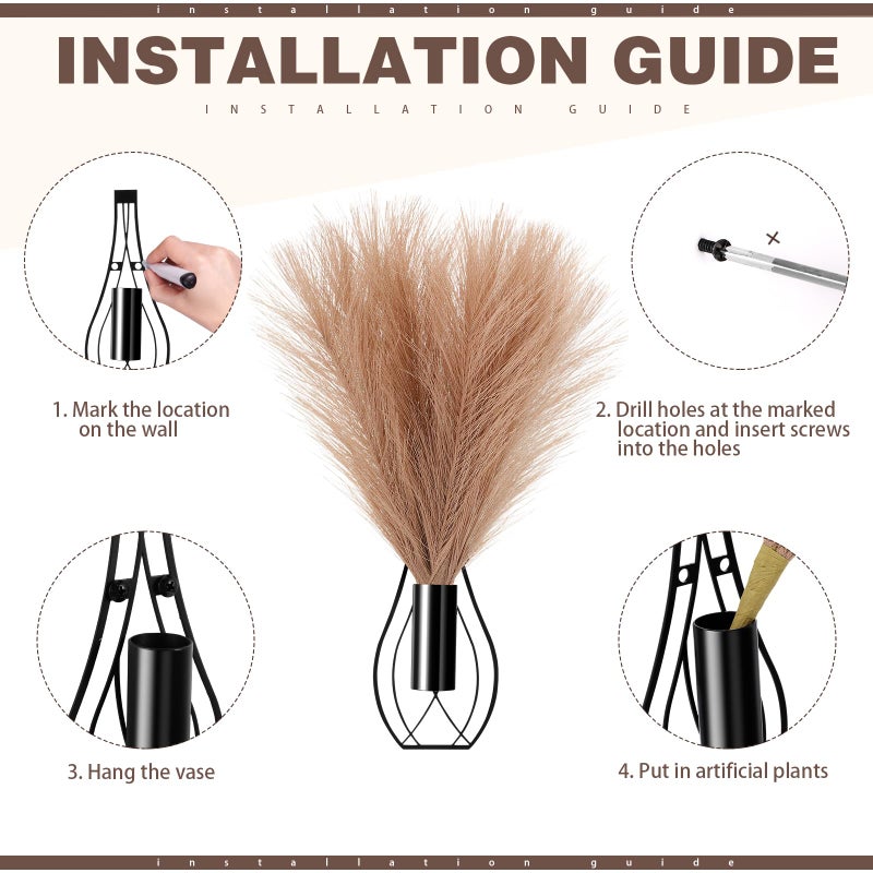 Otoolling 2 Pieces Hanging Plant Wall Decor with Artificial Pampas Grass Metal Hanging Vase Modern Geometric Farmhouse Bohemian Wall Art for Living Room Bedroom Kitchen Office (Black, Light Brown) - Image 3
