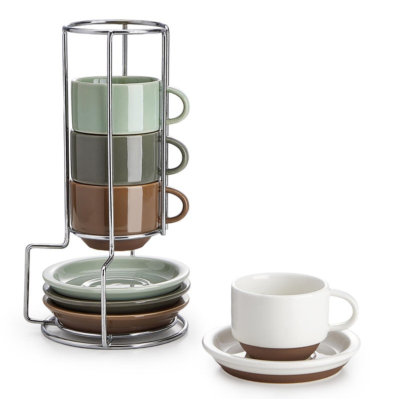 Sweese 2.5 Ounce Espresso Cups Set of 4, Porcelain Stackable Coffee Cups with Saucers and Metal Stand, Multicolor - Image 1