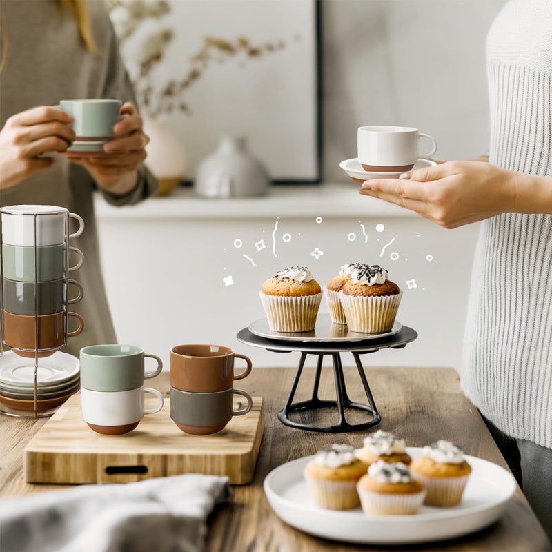 Sweese 2.5 Ounce Espresso Cups Set of 4, Porcelain Stackable Coffee Cups with Saucers and Metal Stand, Multicolor - Image 5