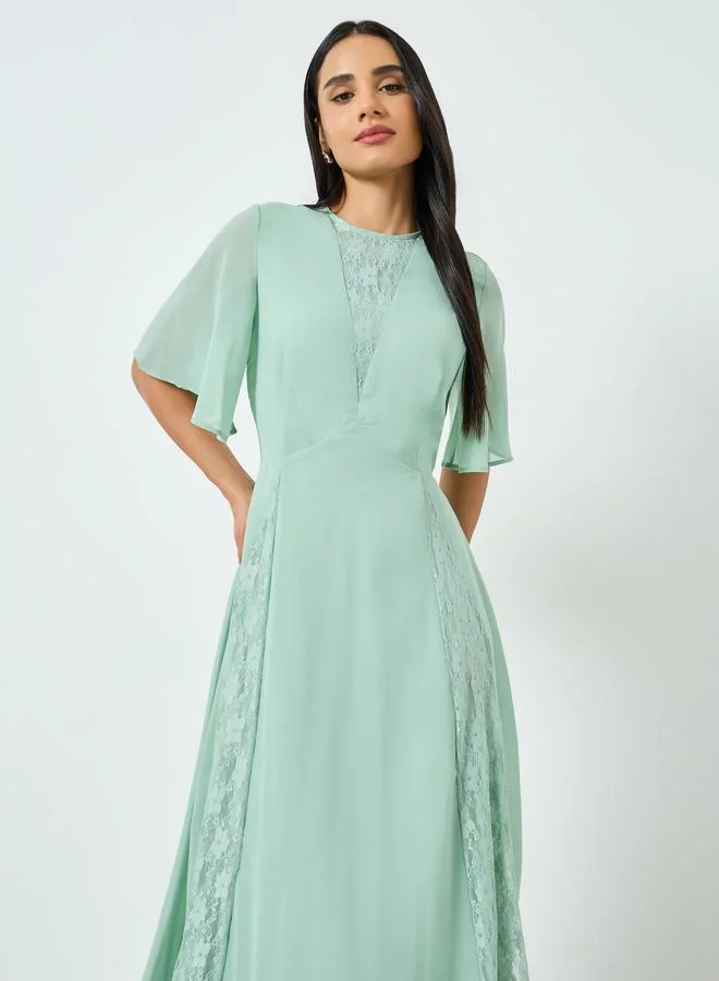 Styli Green Lace Insert A-Line Midi Dress