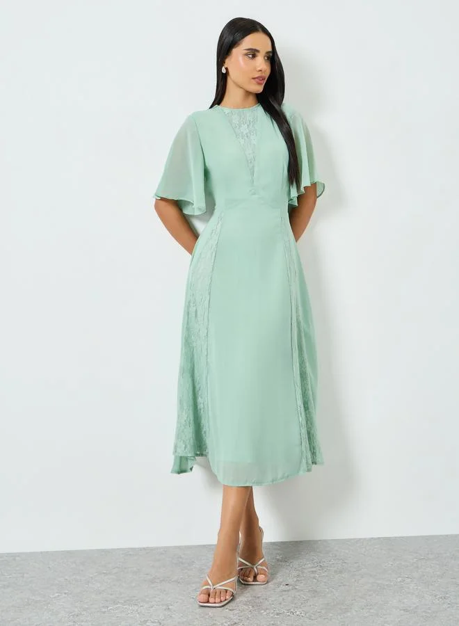 Styli Green Lace Insert A-Line Midi Dress