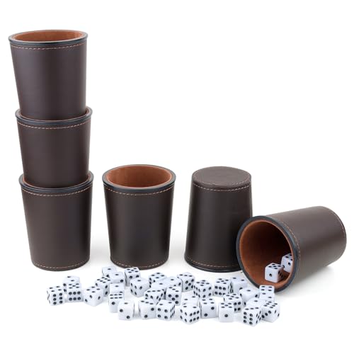 RERIVER FeltLined PU Leather Dice Cup Set 6 Quiet Dice Shaker Cups with 36 Dices for Bar Party Yahtzee Farkle Dice Games Coffee - Image 1