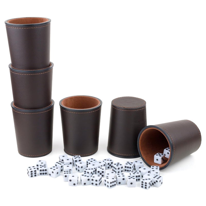 RERIVER FeltLined PU Leather Dice Cup Set 6 Quiet Dice Shaker Cups with 36 Dices for Bar Party Yahtzee Farkle Dice Games Coffee - Image 4