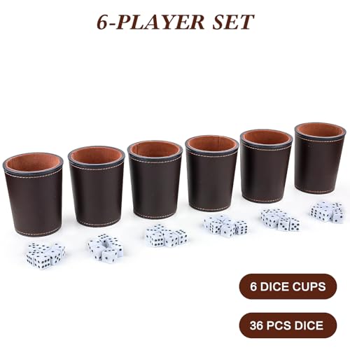 RERIVER FeltLined PU Leather Dice Cup Set 6 Quiet Dice Shaker Cups with 36 Dices for Bar Party Yahtzee Farkle Dice Games Coffee - Image 5