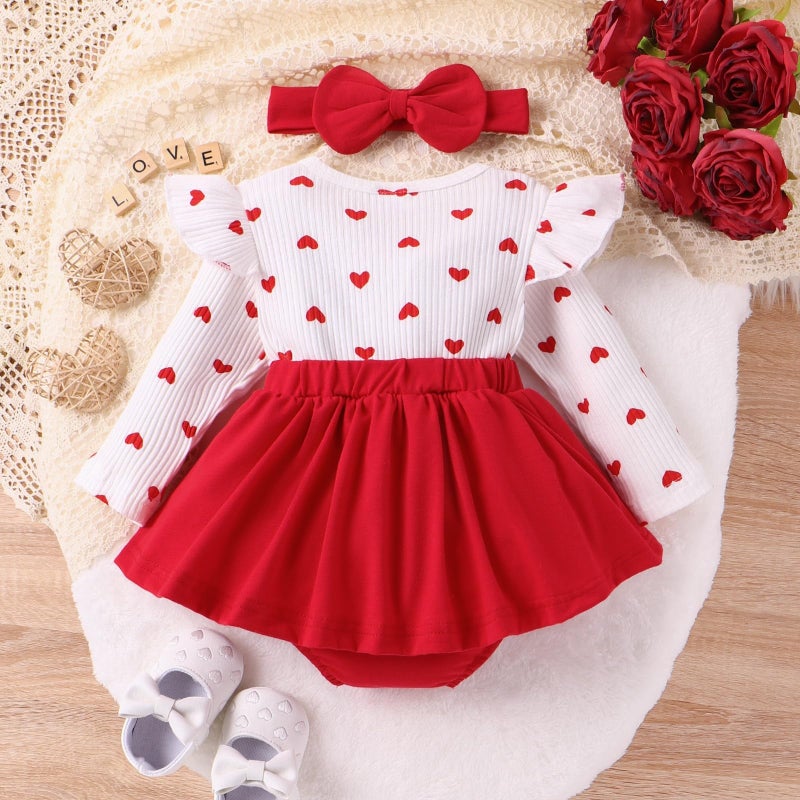 FOCICI 0-3 Months Baby Girl Clothes Newborn Long Sleeve Heart Ruffled Romper Infant Love Skirt + Cute Bow Headband 2Pcs Set Red 0-3 Months - Image 3