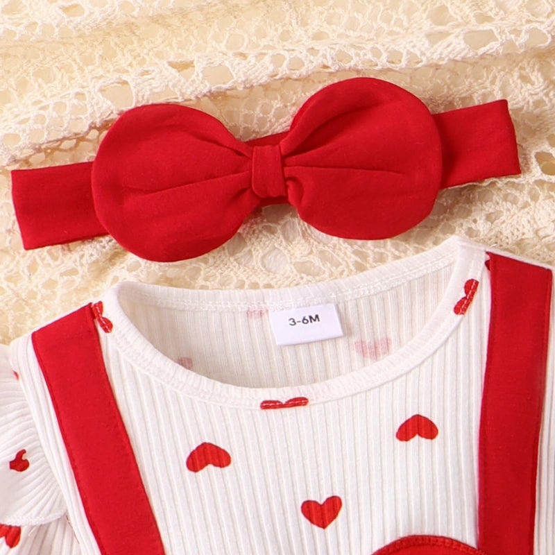 FOCICI 0-3 Months Baby Girl Clothes Newborn Long Sleeve Heart Ruffled Romper Infant Love Skirt + Cute Bow Headband 2Pcs Set Red 0-3 Months - Image 4