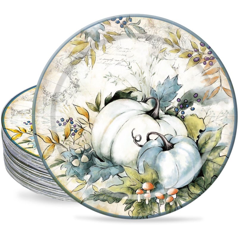 AnyDesign 40Pcs Fall Paper Plates Retro Teal Pumpkin Disposable Round Plates 9 inch Appetizer Dessert Plate for Autumn Thanksgiving Harvest Banquet Party Supplies - Image 2