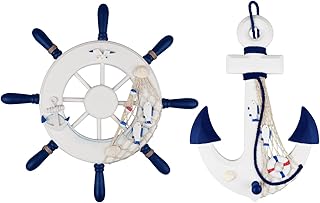 Meching Meching 2 Pack 13" Nautical Beach Wooden Ship Wheel and 13" Wood Anchor with Rope Nautical Boat Steering Wheel Rudder  - Image 1