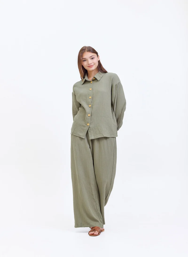 هاسال Muslin Olive Green Textured Suit