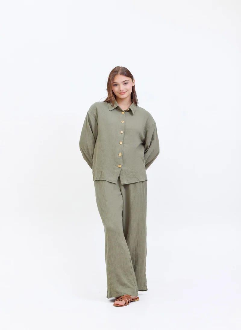 هاسال Muslin Olive Green Textured Suit