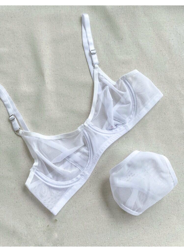 La Linaa Women's White Tulle Thong Panty Bra Set  - Image 2