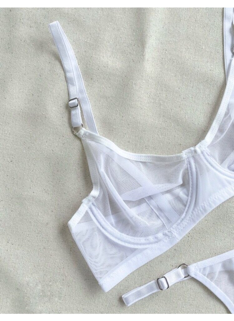 La Linaa Women's White Tulle Thong Panty Bra Set  - Image 3