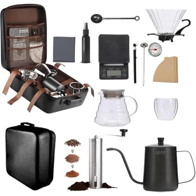 ADAK 12 In 1 V60 Coffee Kit  Pour Over Coffee Maker  Includes Coffee Scale Glass Dripper Hand Mill Pour Pot Paper Filter And Double Mugs - Image 1