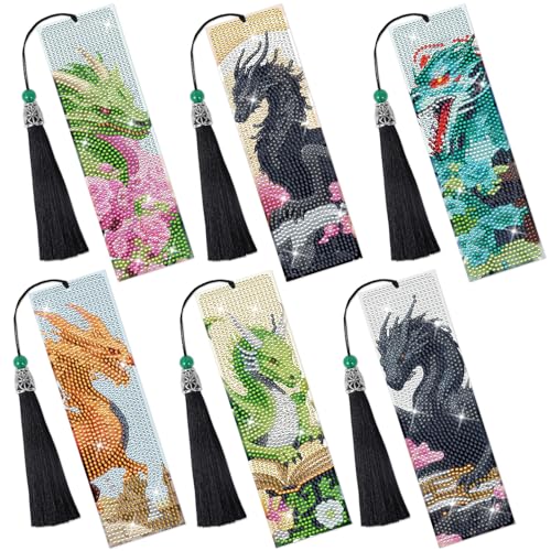 Sitsink Dragon Art Kits - 6 Pc Diamond Bookmarks with Tassels, Fantasy Creature Dragon Painting Kits for Adults - Image 1