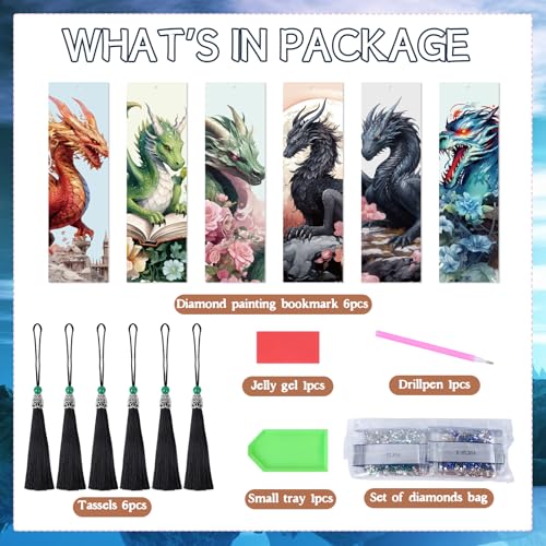 Sitsink Dragon Art Kits - 6 Pc Diamond Bookmarks with Tassels, Fantasy Creature Dragon Painting Kits for Adults - Image 2