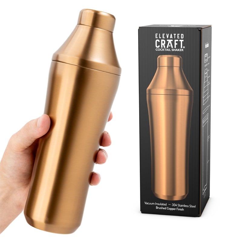Elevated Craft Hybrid Cocktail Shaker  Premium Vacuum Insulated Stainless Steel Copper Cocktail Shaker  Innovative Measuring System  Martini Shaker for the Home Bartender  28oz Total Volume
