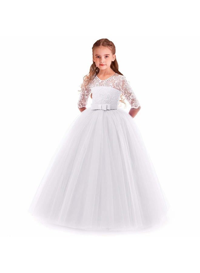 HIHCBF Flower Girls 3/4 Sleeves Lace Tulle A-Line Dress Floor Length Pageant Party Wedding Maxi Evening Dance Prom Ball Gown White 9-10T - Image 1