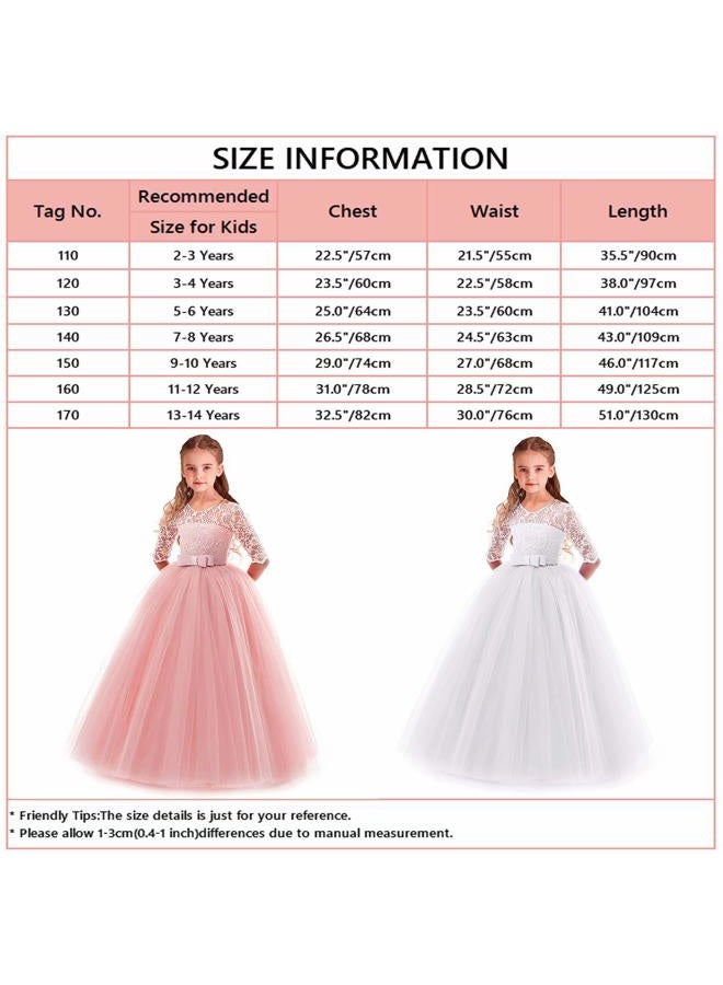 HIHCBF Flower Girls 3/4 Sleeves Lace Tulle A-Line Dress Floor Length Pageant Party Wedding Maxi Evening Dance Prom Ball Gown White 9-10T - Image 3
