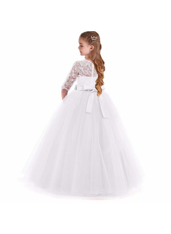 HIHCBF Flower Girls 3/4 Sleeves Lace Tulle A-Line Dress Floor Length Pageant Party Wedding Maxi Evening Dance Prom Ball Gown White 9-10T - Image 2