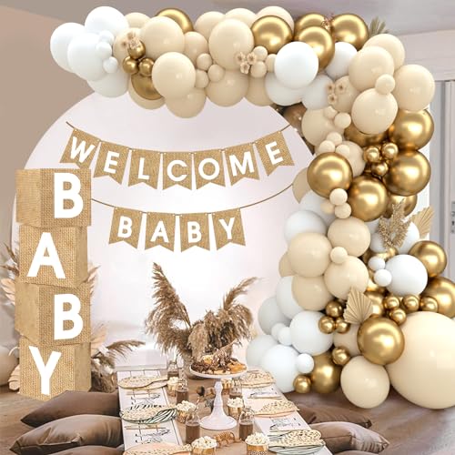 Netnology Boho Baby Shower Decorations-97Pcs Burlap Grain Baby Boxes,Nude and Gold Balloons Arch Kit and "WELCOME BABY" Banner for Neutral Baby Shower Decorations,Birthday Party Supplies,Gender Reveal - Image 5