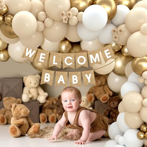 Netnology Boho Baby Shower Decorations-97Pcs Burlap Grain Baby Boxes,Nude and Gold Balloons Arch Kit and "WELCOME BABY" Banner for Neutral Baby Shower Decorations,Birthday Party Supplies,Gender Reveal - Image 4