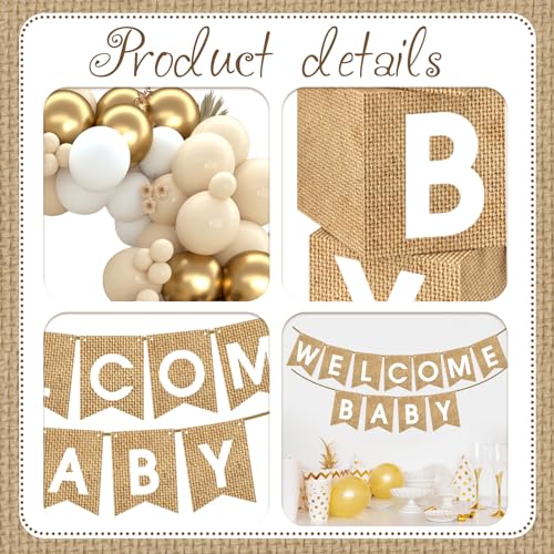 Netnology Boho Baby Shower Decorations-97Pcs Burlap Grain Baby Boxes,Nude and Gold Balloons Arch Kit and "WELCOME BABY" Banner for Neutral Baby Shower Decorations,Birthday Party Supplies,Gender Reveal - Image 3