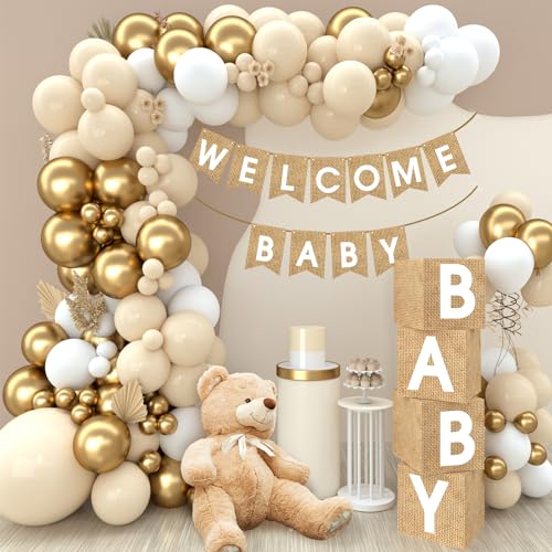 Netnology Boho Baby Shower Decorations-97Pcs Burlap Grain Baby Boxes,Nude and Gold Balloons Arch Kit and "WELCOME BABY" Banner for Neutral Baby Shower Decorations,Birthday Party Supplies,Gender Reveal - Image 1