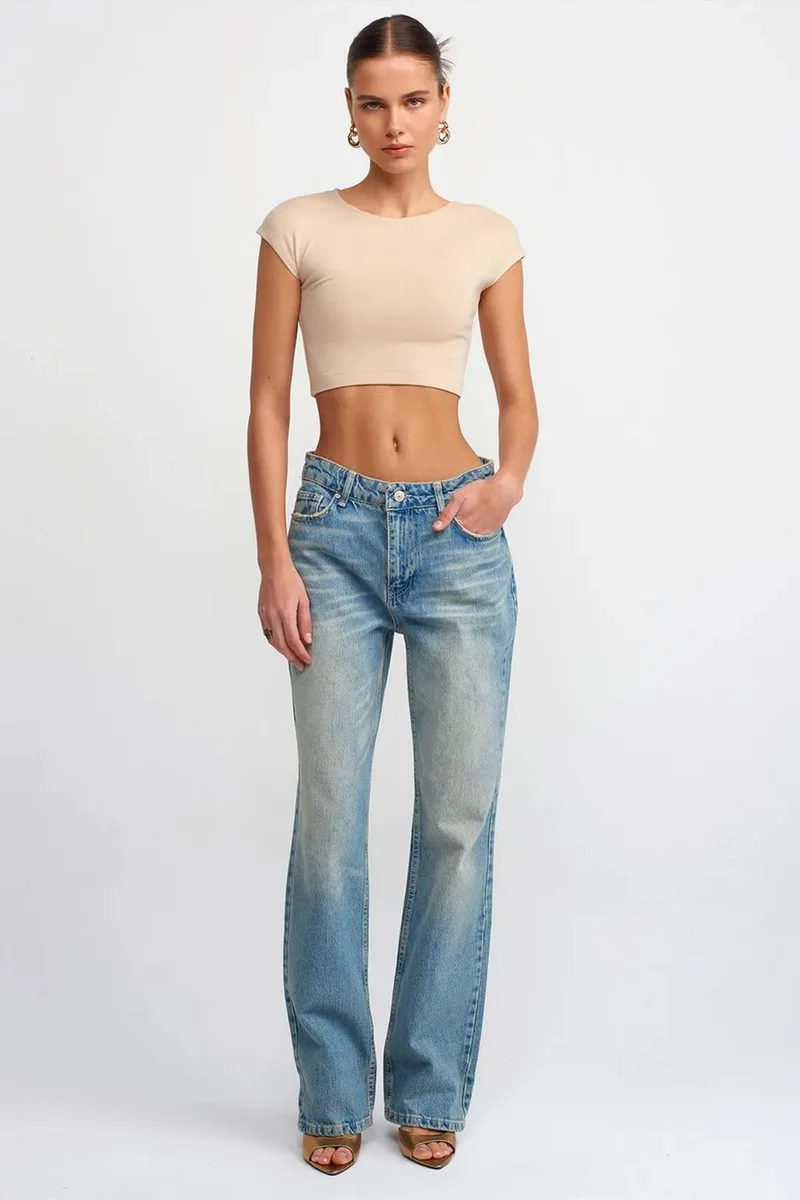 Dilvin Beige Natural DILVIN Slim Fit Crop Jersey Blouse for Women | Best Price UAE