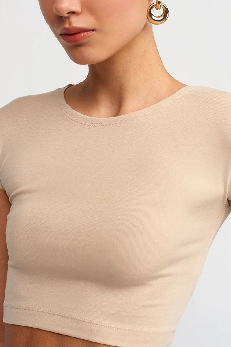 Dilvin Beige Natural DILVIN Slim Fit Crop Jersey Blouse for Women | Best Price UAE