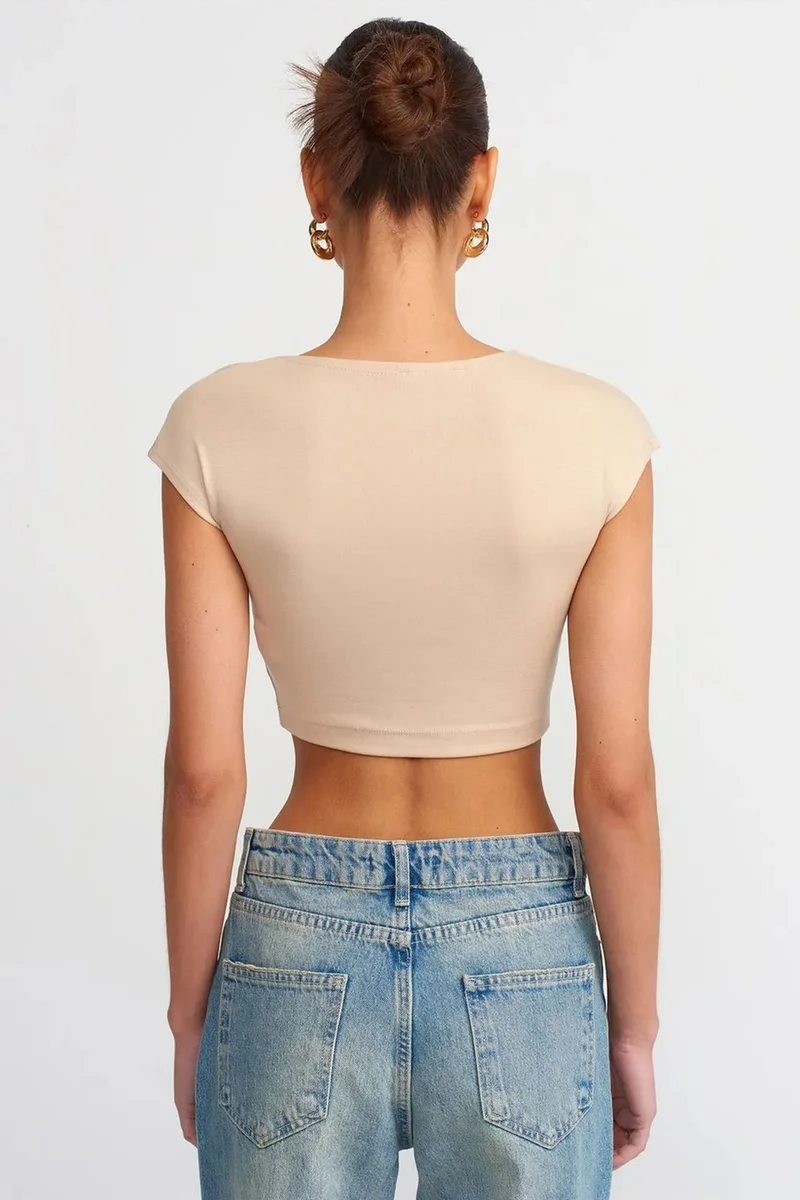 Dilvin Beige Natural DILVIN Slim Fit Crop Jersey Blouse for Women | Best Price UAE