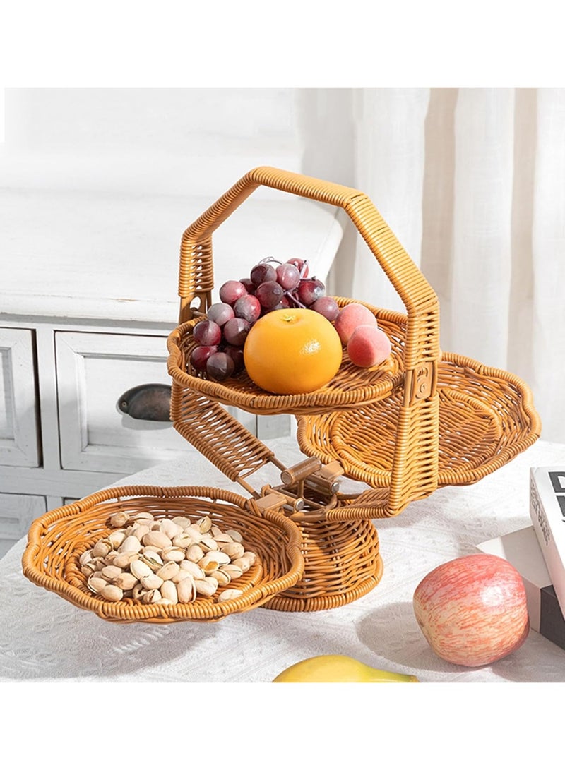Handmade Woven Kitchen Storage Basket, Foldable 3-Tier Faux Rattan Fruit Basket -for Fruits, Snacks, Vegetables, and Decorative for Home (Expanded size:19.6x7.8x13 Inches) - Image 1