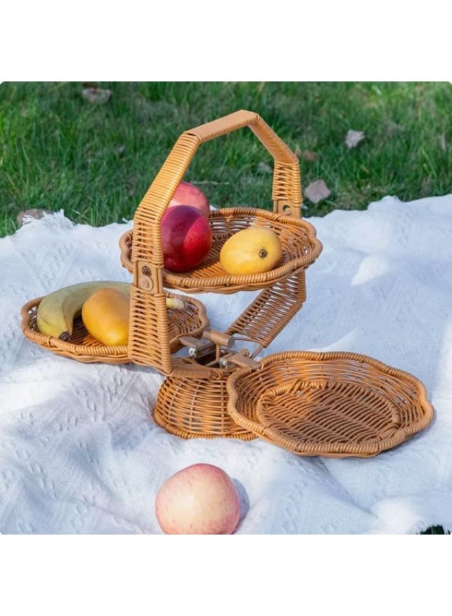 Handmade Woven Kitchen Storage Basket, Foldable 3-Tier Faux Rattan Fruit Basket -for Fruits, Snacks, Vegetables, and Decorative for Home (Expanded size:19.6x7.8x13 Inches) - Image 4