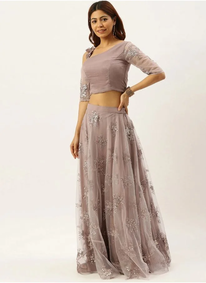 زيري سوق Mauve Art Silk & Off-White Net Skirt Set