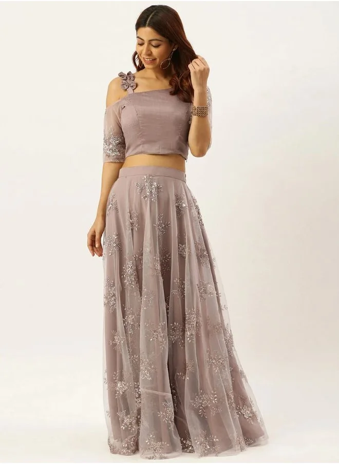 زيري سوق Mauve Art Silk & Off-White Net Skirt Set