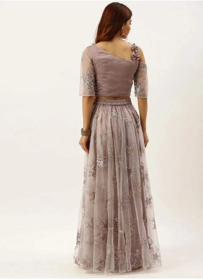 زيري سوق Mauve Art Silk & Off-White Net Skirt Set