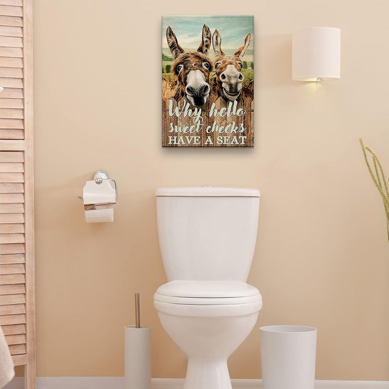 Home Trove Home trove Funny Quotes Bathroom Wall Decor Canvas Paintings Why Hello Sweet Cheeks Have a Seat Hilarious Donkey Animal Poster Print Wall Art for Powder Room Vertical Vintage Artwork Decoration Unframed Home trove 16x24 - Image 1