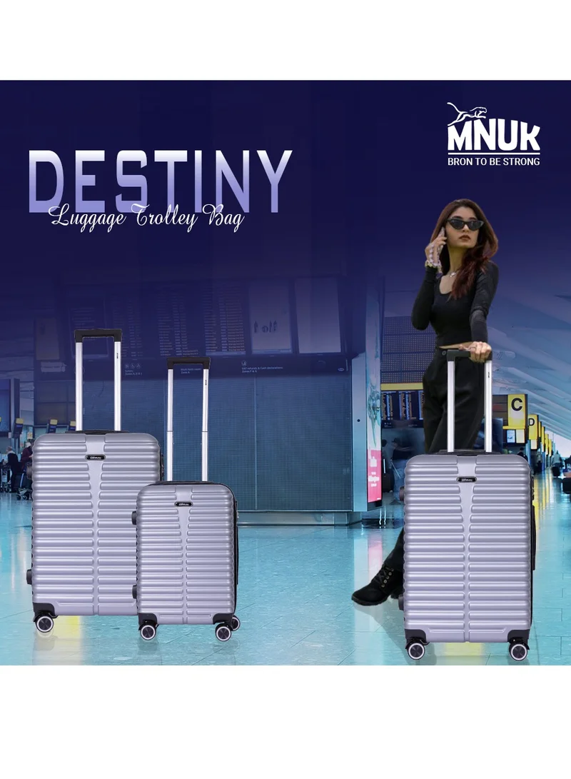 MNUK Destiny Checked Luggage | Hardside Iron Soft Handle Trolley with TSA Lock |Double 360° 8 Wheeler| Medium-24 Inch, Silver