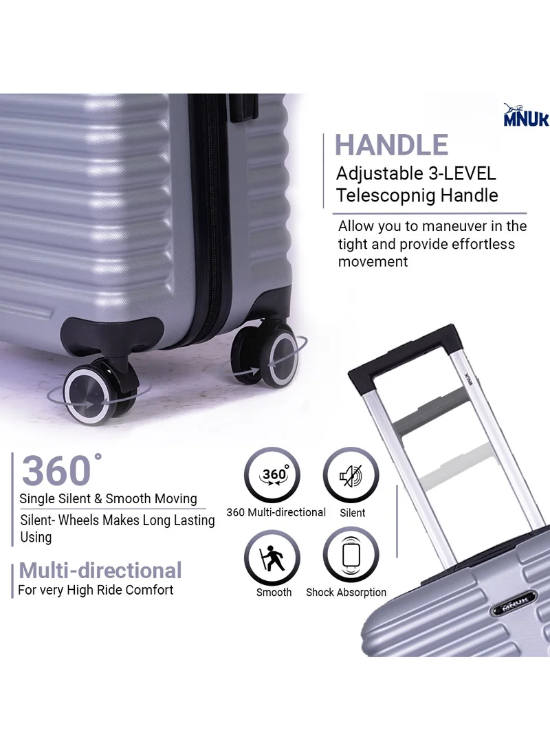 MNUK Destiny Checked Luggage | Hardside Iron Soft Handle Trolley with TSA Lock |Double 360° 8 Wheeler| Medium-24 Inch, Silver