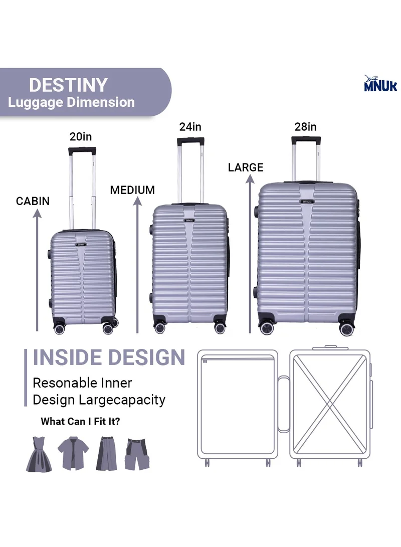 MNUK Destiny Checked Luggage | Hardside Iron Soft Handle Trolley with TSA Lock |Double 360° 8 Wheeler| Medium-24 Inch, Silver