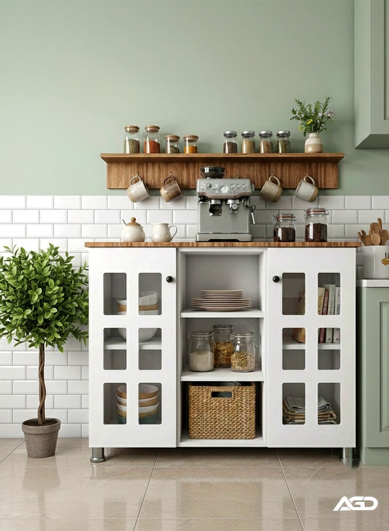 AGD Multipurpose Coffee Corner Cabinet, Kitchen Bakers, with Wooden Spice Rack and Cup Hanging, Perfect for Living Room, Kitchen, Office, White - Image 5