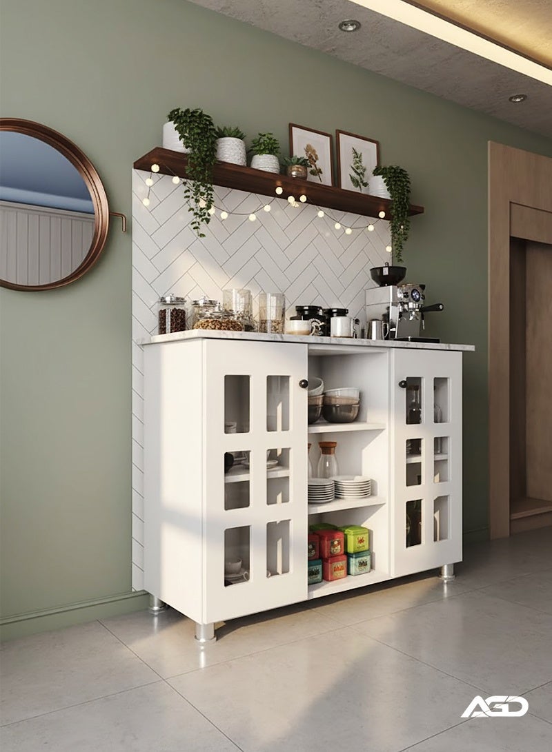 AGD Multipurpose Coffee Corner Cabinet, Kitchen Bakers, with Wooden Spice Rack and Cup Hanging, Perfect for Living Room, Kitchen, Office, White - Image 2